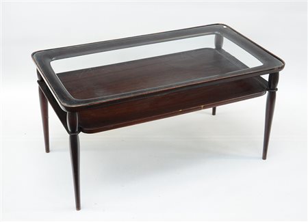 Tavolino da salotto a due ripiani in legno e vetro, anni '50 (difetti)
