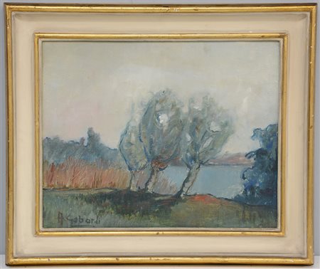 A. Gabardi "Paesaggio lacustre" olio su cartone (cm 40x50), firmato in basso...