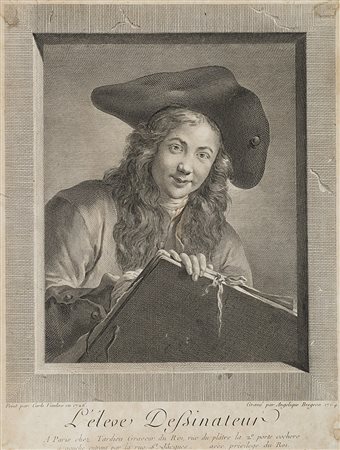 "L'Eleve Dessinateur" Incisione da Van Loo, sec. XVIII (cm 26x19,5) In...