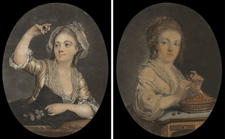 Coppia di litografie acquerellate raffiguranti giovani donne con frutta....