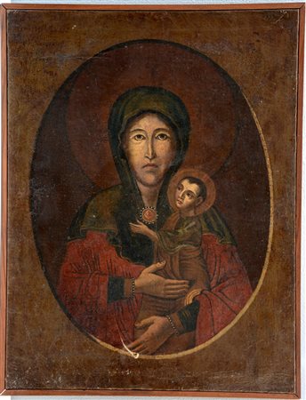 Antico dipinto raffigurante Madonna con Bambino, olio su tela (cm 65x50)...