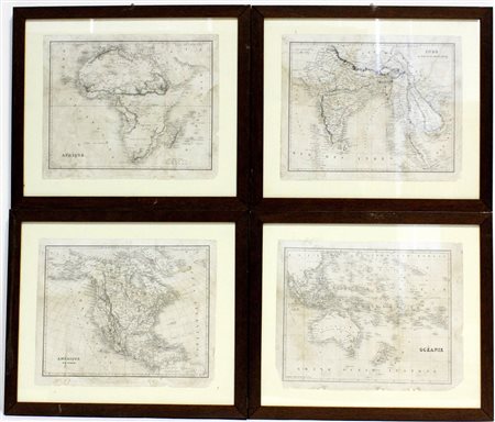 Gruppo di quattro incisioni del secolo XIX raffiguranti carte geografiche...