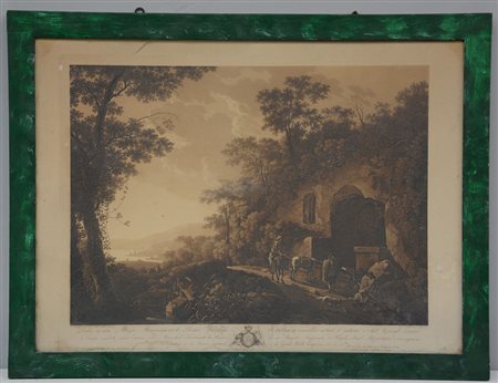 Antica stampa raffigurante paesaggio con viandanti; in cornice laccata (difetti)