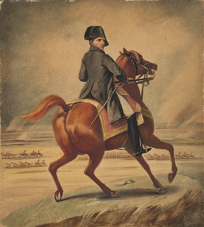 Scuola del sec. XIX "Ritratto di Napoleone a cavallo" acquarello su carta...
