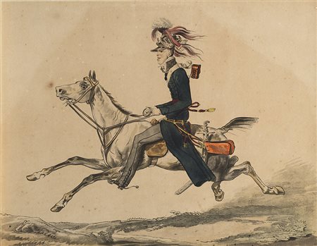 Litografia acquerellata del sec. XIX raffigurante una caricatura di ufficiale...