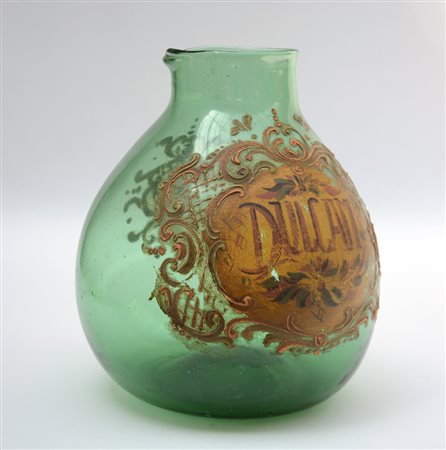 Manifattura di Murano, Sec. XIX, vaso a boccia in vetro verde decorato in...