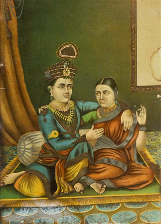 Oleografia indiana raffigurante scena amorosa (cm 34x24,5) In cornice (difetti)