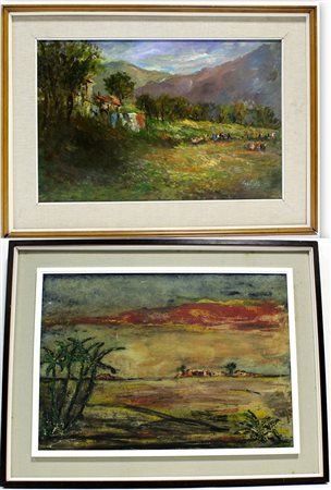Lotto di due dipinti ad olio su tela raffiguranti paesaggi, autori differenti...