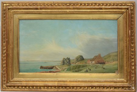 Scuola inglese sec. XIX "Paesaggio marino" olio su tavola (cm 26x46) Siglato...