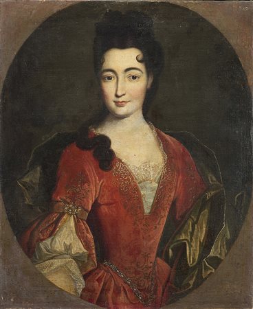 Scuola della fine del secolo XVIII "Ritratto di gentildonna in abito rosso e...