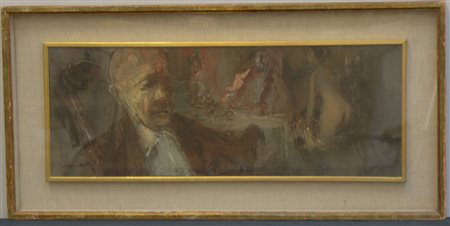 Mazzucchetti "Scena d'interno con figure" Olio su tela (cm 30x80) firmato in...