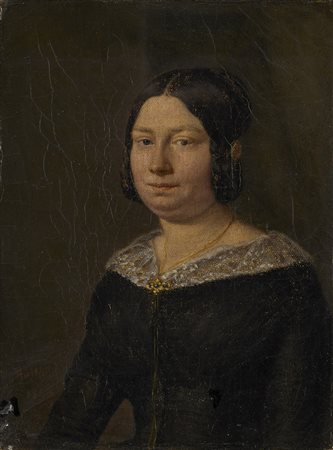 Rolland 1843 "Ritratto di dama in veste nera con collana d'oro" olio su tela...