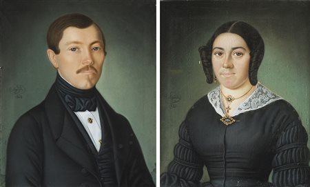 Bellegarde (sec. XIX) "Gentiluomo e gentildonna, 1842" coppia di pastelli...