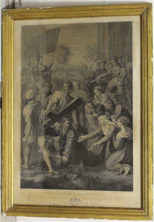 Antica incisione raffigurante "Lo spasimo di Sicilia" di Raffaello, disegnata...