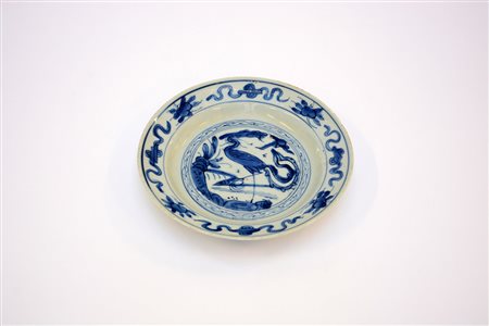 Piatto in ceramica con decorazioni blu, marchio sul fondo (difetti)Cina,...