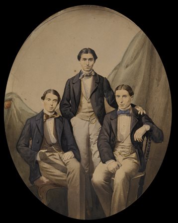 Fotografia ritoccata ad acquerello "Tre giovani gentiluomini" (cm 17,5x13,5)...