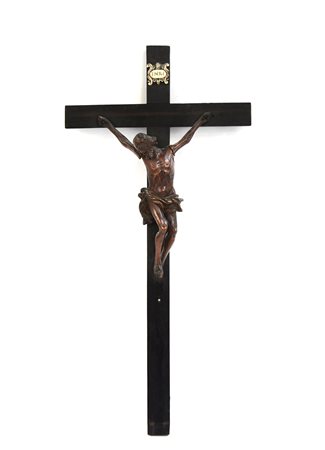 Arte del sec XIX “Cristo crocifisso” scultura in legno (cm h 23) montato su...
