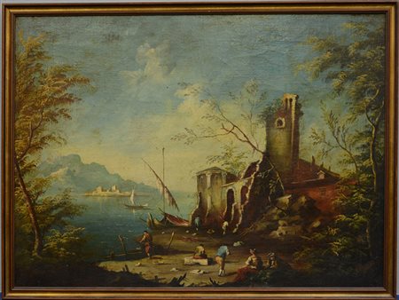 Seguace di Francesco Guardi "Capriccio con piccolo porto e pescatori" olio su...