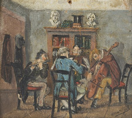 Firma indecifrata, sec. XIX "Interno con musicisti" olio su tela (cm 11x11,5)...