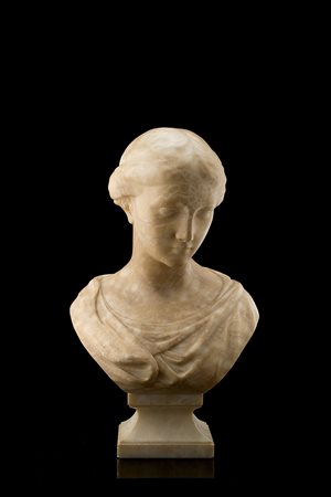 Scultore del sec. XIX. Busto femminile in vesti romane in alabastro su base...