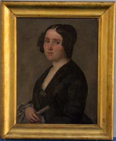 Scuola del sec. XIX "Ritratto di signora con ventaglio" olio su tela (cm...