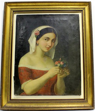 Maestro del secolo XIX "Ragazza col mazzolin di fiori" olio su tela (cm...