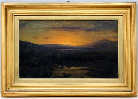 Ignoto "Paesaggio al tramonto" olio su tela (cm 30x50) in cornice (lievi...