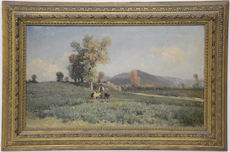 Vicente Poveda y Juan (Petrer 1857 - 1935)"Paesaggio con contadini" olio su...