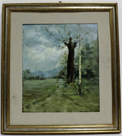 Firma indecifrata "Paesaggio2 olio su masonite (cm 48x42) firmato in basso a...