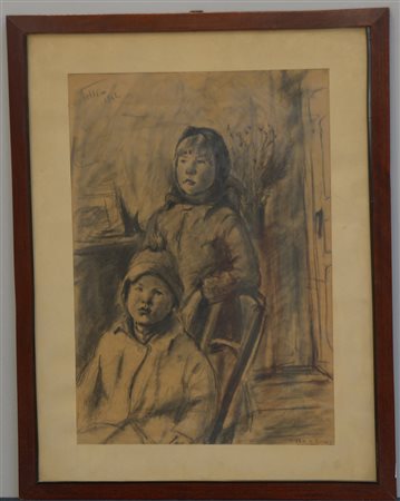 Bellini "Wietia e Nina" disegno a matita e carboncino su carta (cm 48x35)...