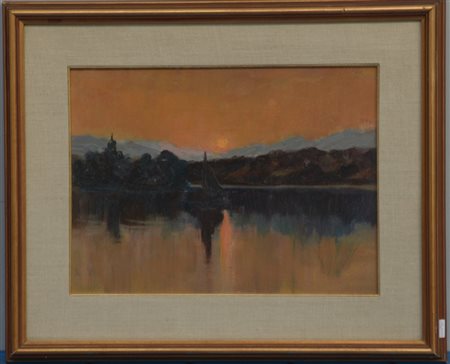 Ignoto "Tramonto su un lago con montagne sullo sfondo" olio su masonite (cm...