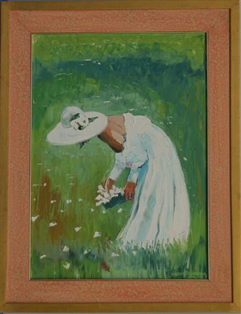 Berrino Mario (Alassio (SV) 1920)"Donna in bianco in un campo fiorito" olio...