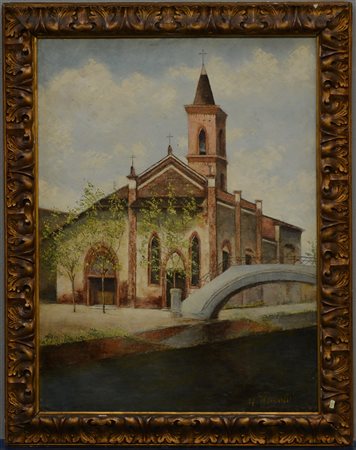 G. Pagani "Scorcio del Naviglio con chiesa di San Cristoforo" olio su tela...