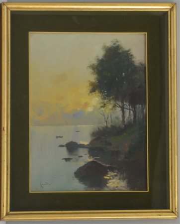 Oscar Ricciardi (Napoli 1864 - 1935)"Paesaggio costiero" olio su cartone...