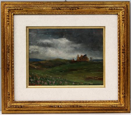 Luigi Rossi "Paesaggio con nubi minacciose" olio su cartone (cm 22.5x30)...