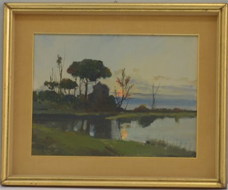 Oscar Ricciardi (Napoli 1864 - 1935)"Paesaggio al tramonto" olio su cartone...