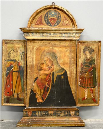 Copia di pala d'altare centinata dipinta su tavola, raffigurante la Madonna...