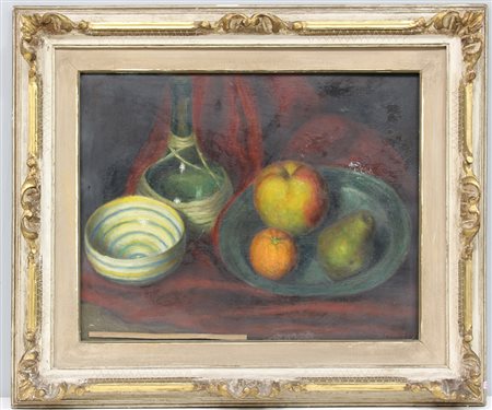 Antonio Soncini "Natura morta con frutta e fiasca" olio su tela (40x50)...