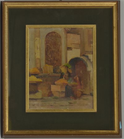 Victor Oscar Guetin (1872 - 1916)"Mercato al Cairo" olio su tela (cm 27x20)...