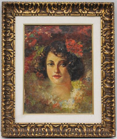 Ignoto, "Volto di ragazza tra fiori" olio su tela (cm 44x33) firmato in basso...