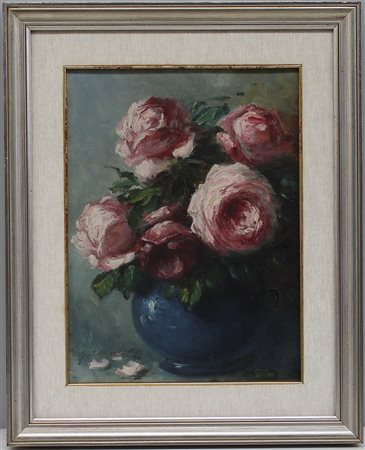 Firma indecifrata, "Vaso con rose" olio di tela (cm 36x26) firmato in basso a...