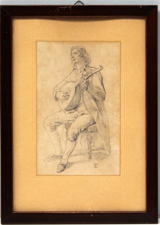 Ignoto, "Suonatore di mandolino" disegno a matita grigia (cm 20,5x13) siglato...