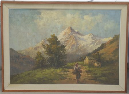 Firma indecifrata "Contadina in paesaggio montano" olio su tavola (cm 66x94)...