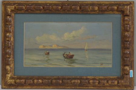 Scuola del sec. XIX "Marina con pescatori" olio su compensato (cm 14x27)...