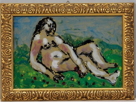 Ignoto, "Nudo femminile nel prato" verre-peint (cm 24x35,5) in cornice (lievi...