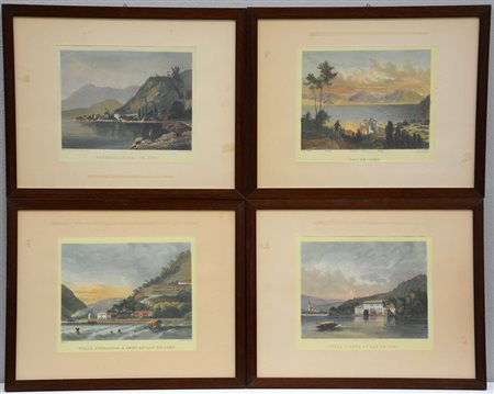 Gruppo di quattro litografie a colori (cm 21x26) raffiguranti vedute del lago...