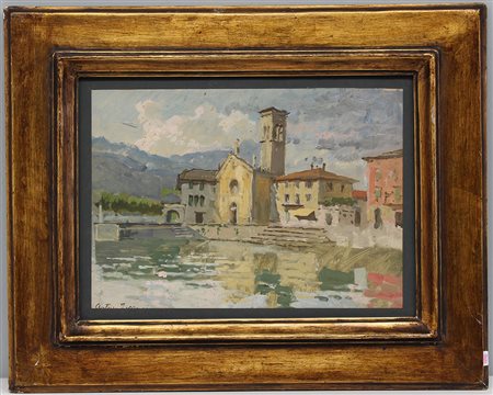 Arturo Ferrari (Milano 1861 - 1932)"Paesaggio con chiesa" olio su cartone (cm...