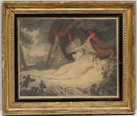 Antica incisione acquerellata raffigurante Venere e Cupido (cm 33x41), in...