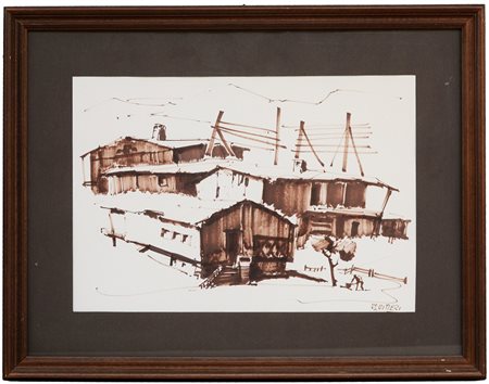 Italo Squitieri "Case" disegno a pennarello (cm 33x48) firmato in basso a...