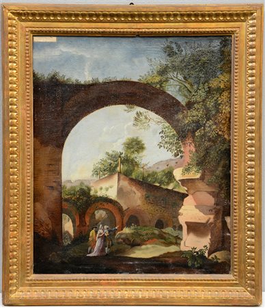 Artista del secolo XIX "Paesaggio con rovine" olio su tela (cm 55x45) in...